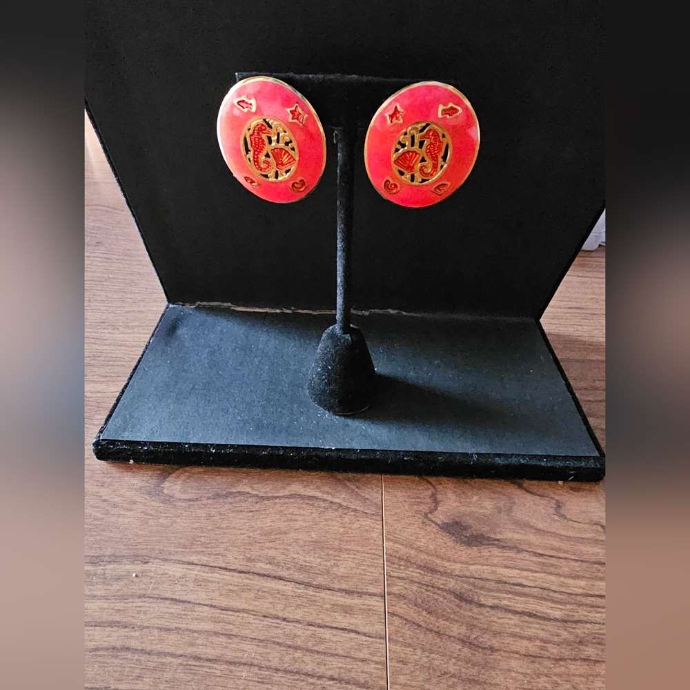Vintage 1980's Edgar Berebi Red Enamel With Gold Nautical Pierced Earrings